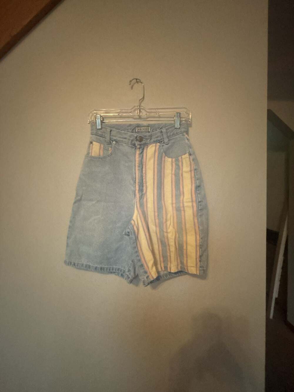 Vintage Skoozi High-Waisted Denim Shorts with Pastel Striped Patchwork Accents